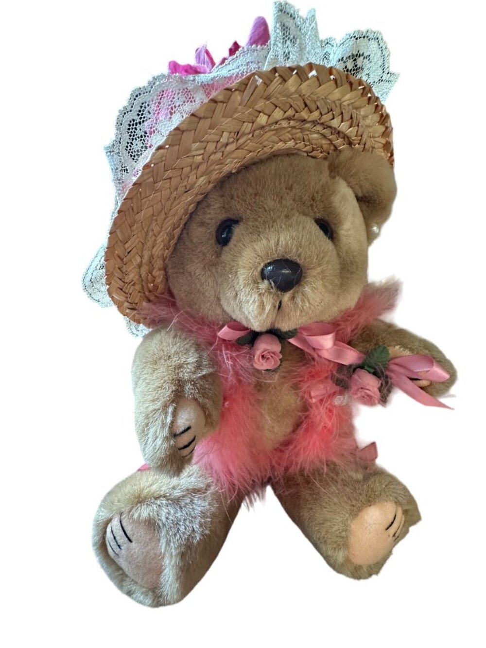 Bearly People Pink feather boa pearls rose tan bear 12" jointed vintage